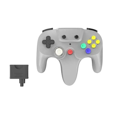 A wireless game controller for N64, with a gray body, traditional directional pad, action buttons, and a receiver.